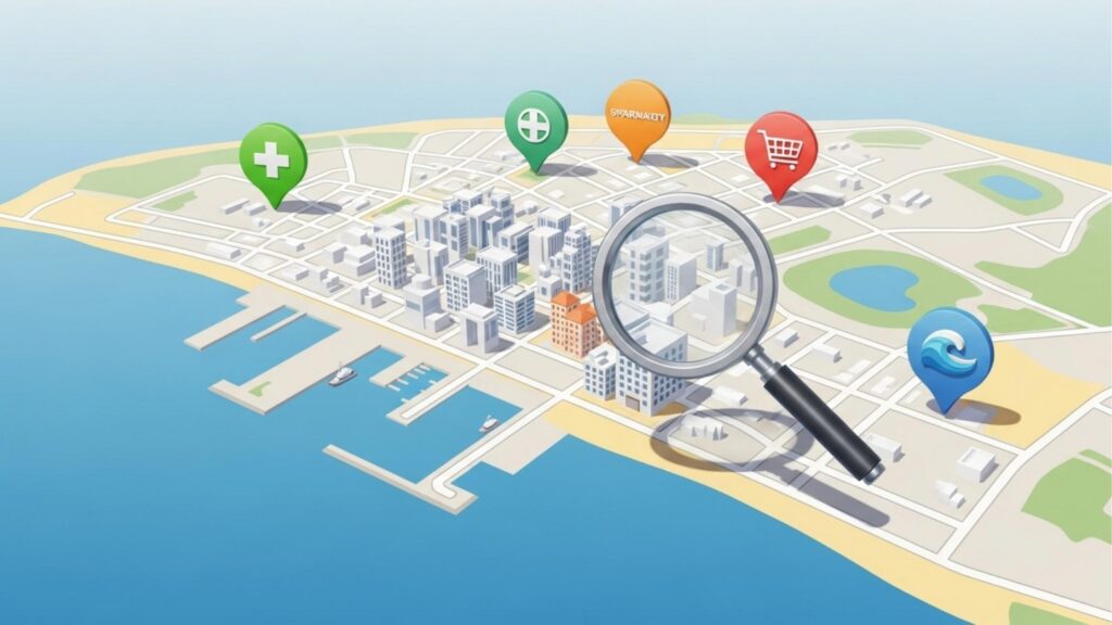 Mapa ilustrado com lupa e ícones de serviços como hospital, mercado e praia ao redor da cidade.