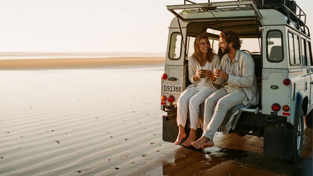 Casal sentado no porta-malas de carro estacionado na praia, segurando canecas e sorrindo.