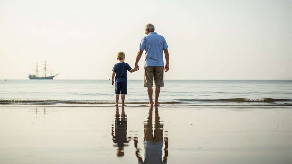 Homem idoso e criança de mãos dadas na beira do mar, com reflexo na água e barco ao fundo.