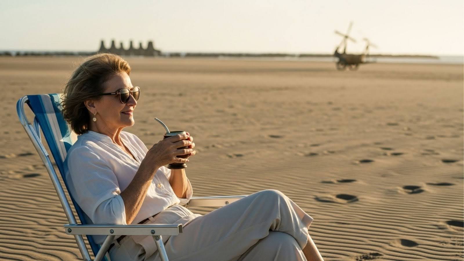 Mulher sentada em uma cadeira de praia sobre a areia, segurando uma cuia de chimarrão e sorrindo, com um barco encalhado ao fundo.