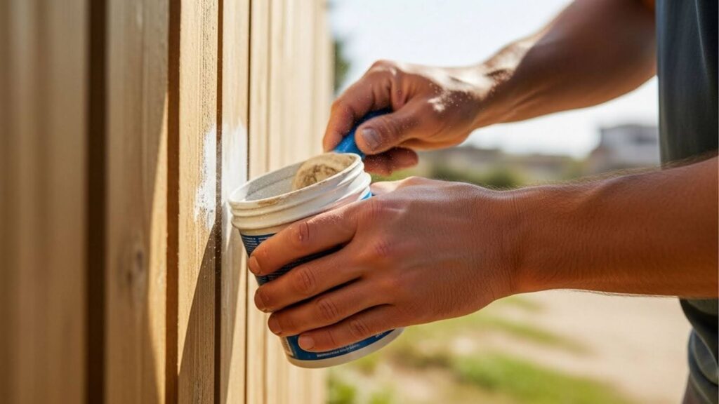 Mãos de uma pessoa aplicando massa branca com espátula em uma cerca de madeira.