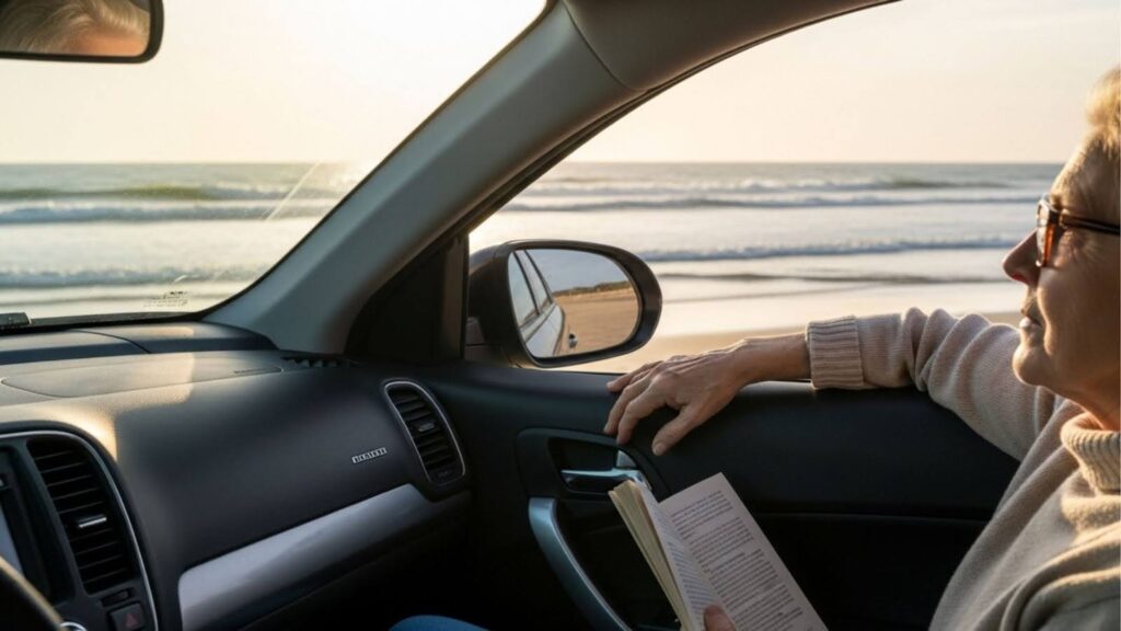 Mulher de óculos sentada no banco do passageiro de um carro, lendo um livro com vista para o mar ao entardecer.