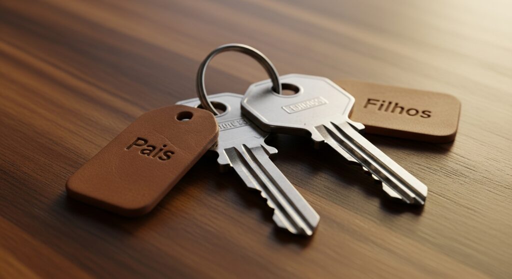 Chaveiro com duas chaves sobre superfície de madeira, uma com etiqueta escrita “Pais” e outra com “Filhos”.