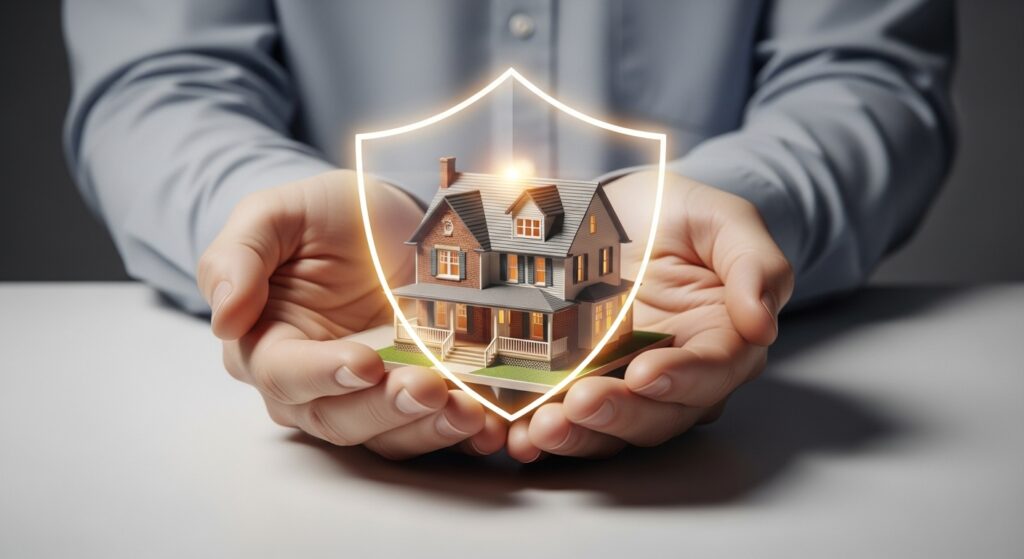 Mãos segurando uma maquete de casa com um escudo luminoso em volta, simbolizando proteção residencial.