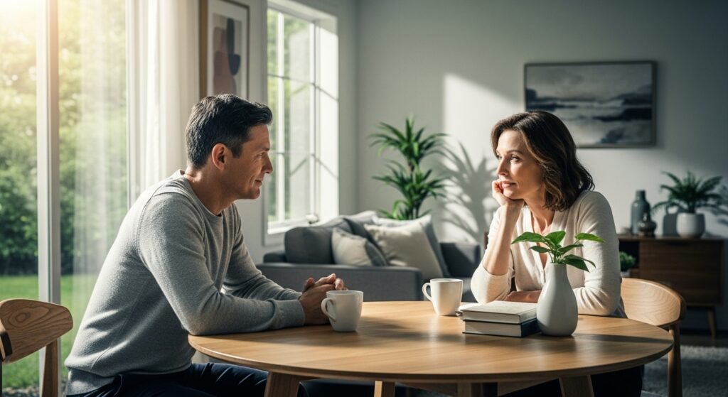 Homem e mulher sentados frente a frente em uma mesa redonda, conversando, com canecas de café e livros sobre a mesa, em ambiente iluminado por luz natural.