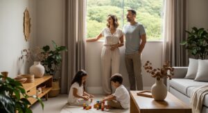 Casal em pé perto de uma janela observando crianças pequenas brincando com blocos coloridos no chão de uma sala bem iluminada e decorada com plantas.