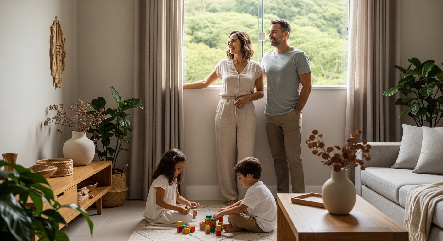 Casal em pé perto de uma janela observando crianças pequenas brincando com blocos coloridos no chão de uma sala bem iluminada e decorada com plantas.