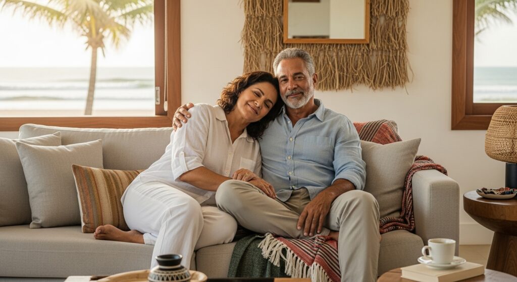 Casal mais velho sentado abraçado em um sofá, sorrindo, em uma sala com janelas amplas e vista para o mar.