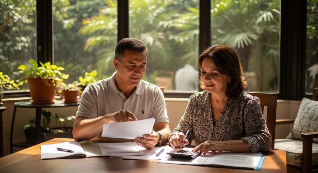 Casal analisando documentos de compra de imóvel para aposentadoria em mesa bem iluminada.