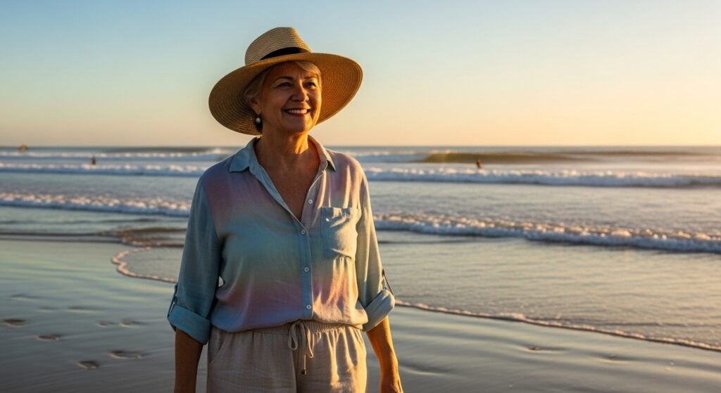 Mulher de chapéu sorrindo na praia ao pôr do sol perto de seu imóvel para aposentadoria.