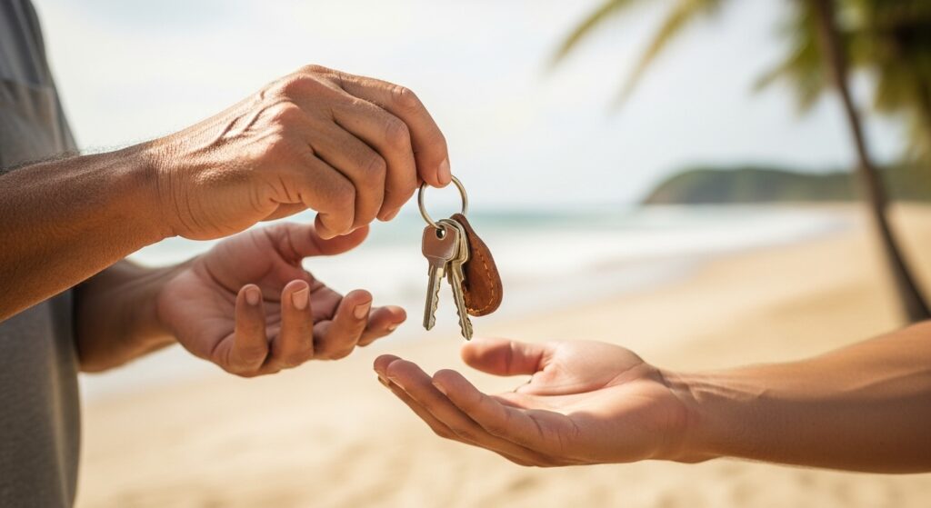 Close-up de mãos entregando chaves de uma propriedade com um chaveiro de couro, tendo uma praia ensolarada e coqueiros desfocados ao fundo. Representação de compra e venda de imóvel no litoral.