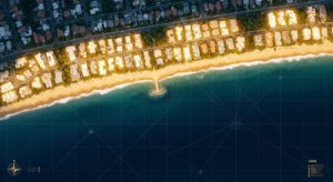 Vista aérea de drone de uma orla luxuosa com casas à beira-mar e águas cristalinas. Mapa conceitual sobreposto mostrando a valorização e localização estratégica para investimento imobiliário na praia.