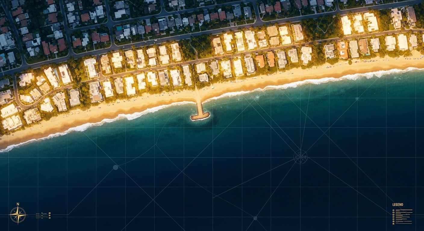 Vista aérea de drone de uma orla luxuosa com casas à beira-mar e águas cristalinas. Mapa conceitual sobreposto mostrando a valorização e localização estratégica para investimento imobiliário na praia.