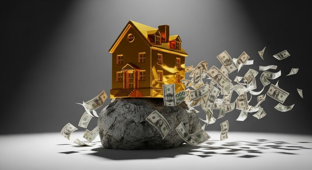 Ilustração conceitual de uma casa dourada sobre uma rocha sólida, com notas de dólar voando ao redor em um fundo cinza iluminado. Metáfora visual para retorno financeiro e segurança em investimentos imobiliários.