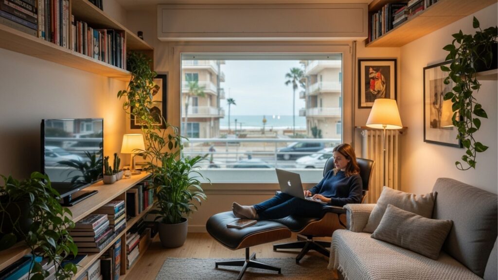 Mulher trabalhando com notebook em poltrona confortável de sala de estar aconchegante com estantes de livros e vista para o mar.
