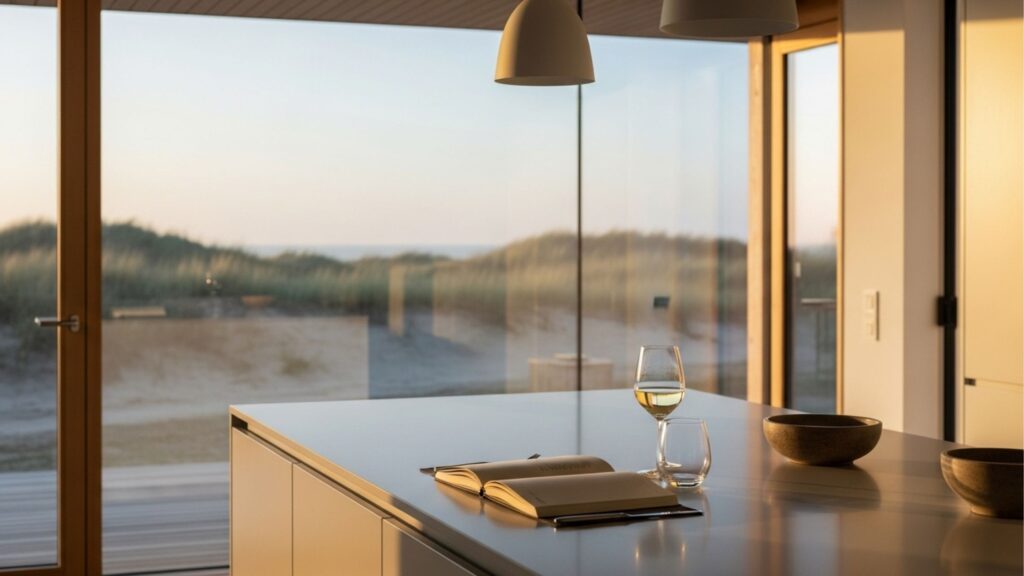 Taça de vinho branco e livro aberto sobre bancada de cozinha moderna em casa de praia ao pôr do sol.