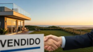 Aperto de mãos com placa “VENDIDO” em frente a casa moderna perto da praia ao pôr do sol.