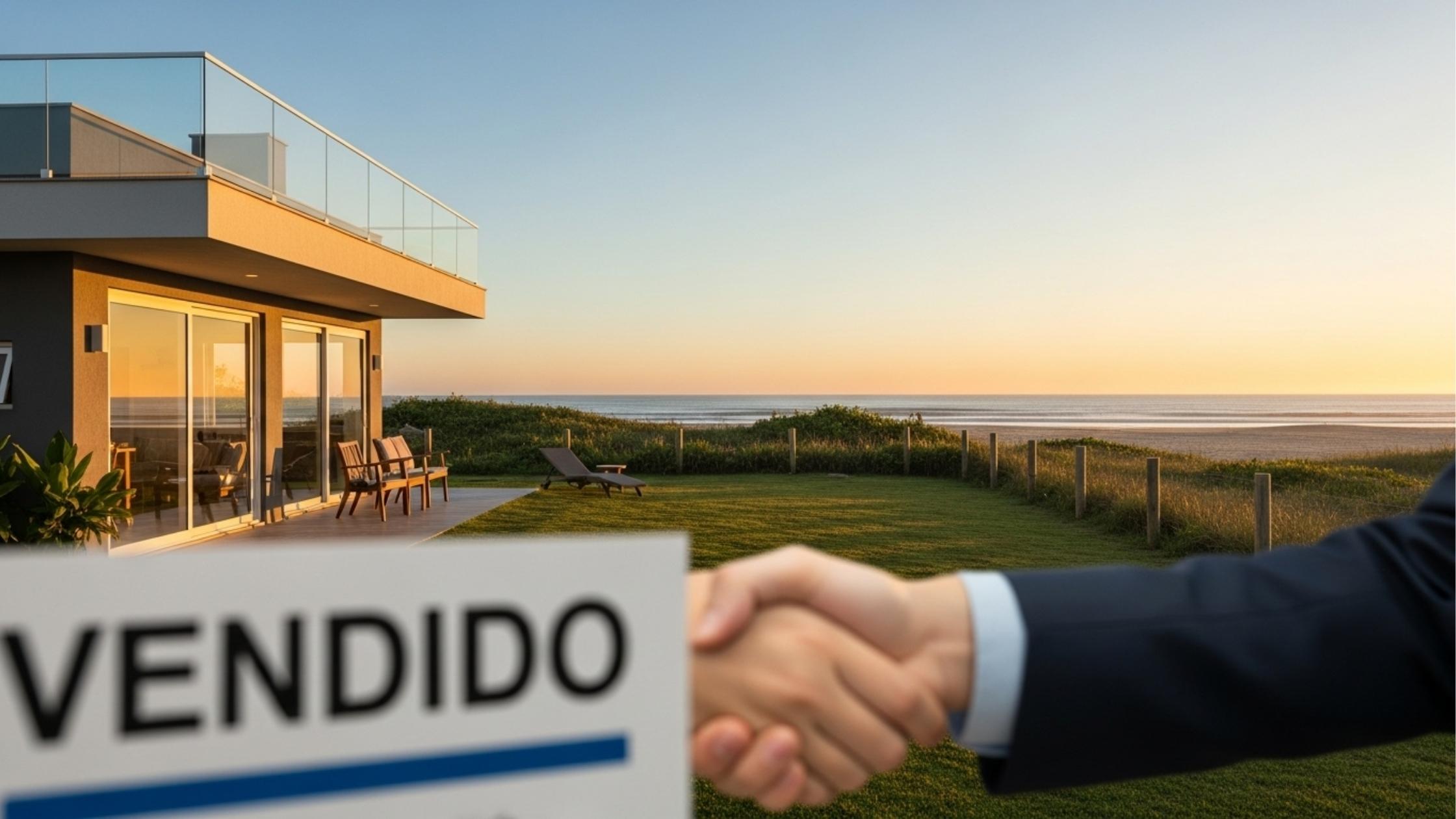 Aperto de mãos com placa “VENDIDO” em frente a casa moderna perto da praia ao pôr do sol.