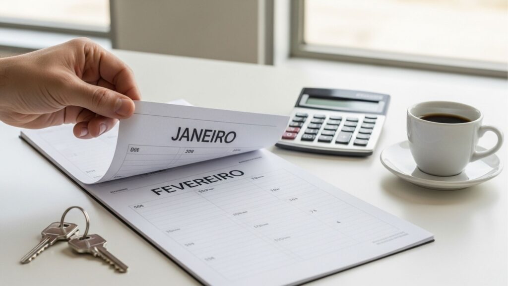 Calendário aberto em janeiro e fevereiro com calculadora, café e chaves sobre a mesa.