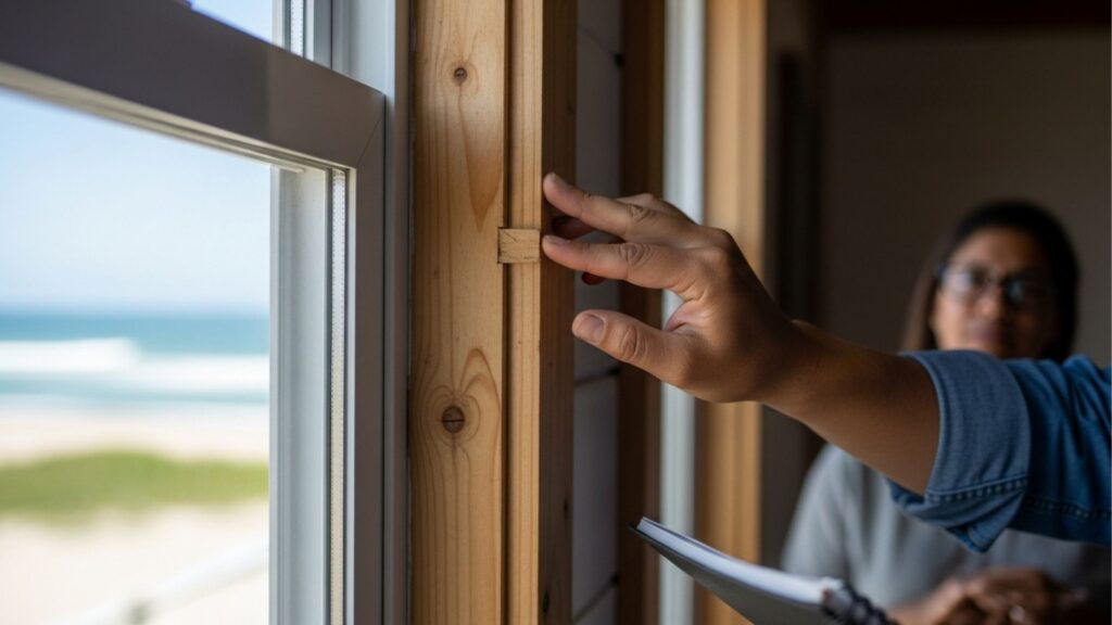 Mão apontando detalhe de esquadria de madeira ao lado de janela durante vistoria do imóvel.