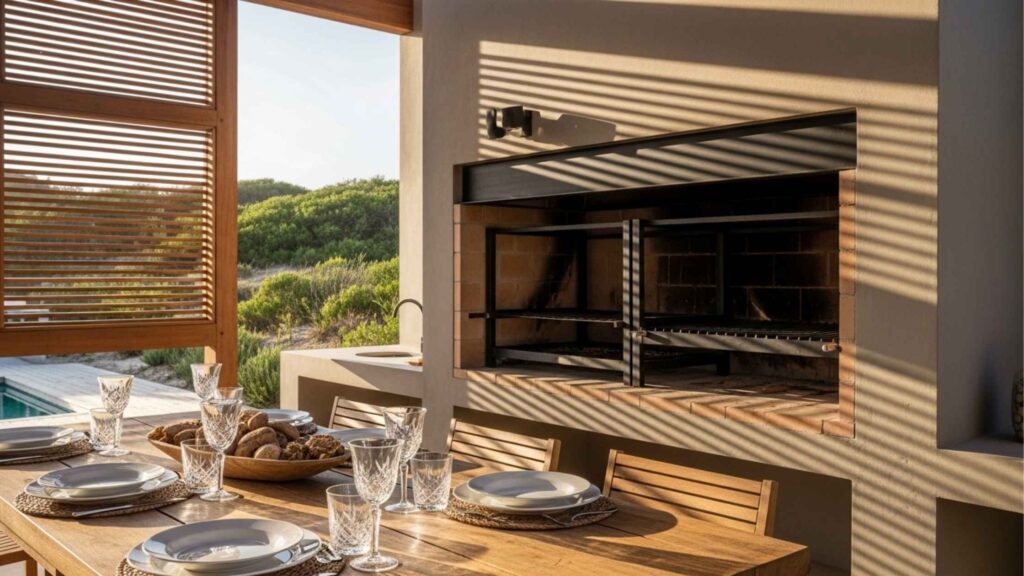 Área gourmet com churrasqueira embutida e mesa posta em casa com vista para vegetação próxima ao mar.