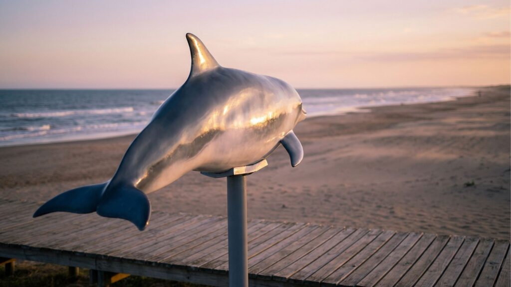 Uma escultura metálica, lisa e brilhante de um boto, fixada no alto de um poste de metal. A estátua está posicionada ao lado de uma passarela de madeira sobre a areia da praia. Ao fundo, a paisagem mostra a extensão da praia e as ondas do mar sob um céu com tons suaves de rosa e laranja do nascer ou pôr do sol. A luz dourada do sol reflete intensamente no dorso da escultura.