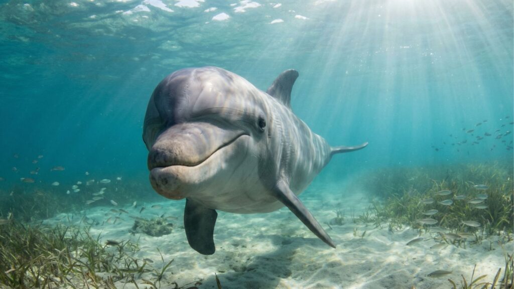 Fotografia subaquática de um boto (golfinho) nadando em direção à câmera, com uma expressão curiosa. A água é de um tom azul cristalino, e feixes de luz solar penetram a superfície, iluminando o animal e o fundo do mar, que é composto de areia clara, manchas de vegetação marinha (algas) e pequenos peixes nadando ao fundo.