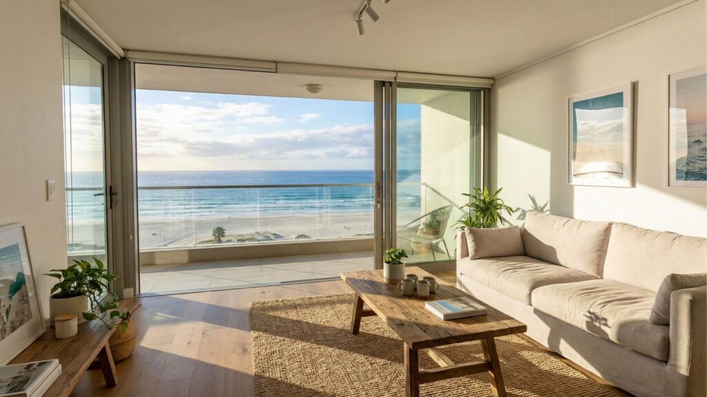 Uma sala de estar aconchegante e bem iluminada pela luz do sol, com uma grande porta de vidro de correr que se abre para uma varanda. A vista da janela oferece um panorama deslumbrante de uma praia de areia clara e mar azul. O interior do ambiente possui piso de madeira, um sofá bege claro, um tapete de fibra natural, uma mesa de centro rústica de madeira com xícaras e um livro, além de plantas em vasos e quadros decorativos nas paredes brancas.
