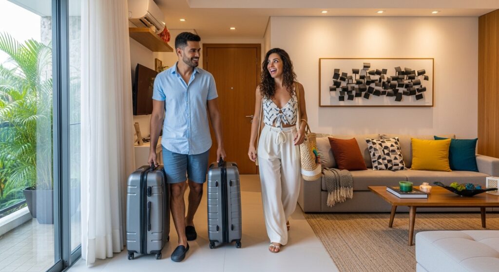 Casal sorridente entrando em apartamento de aluguel por temporada moderno com malas de viagem. Sala de estar iluminada com sofá cinza, decoração contemporânea e varanda ao fundo.