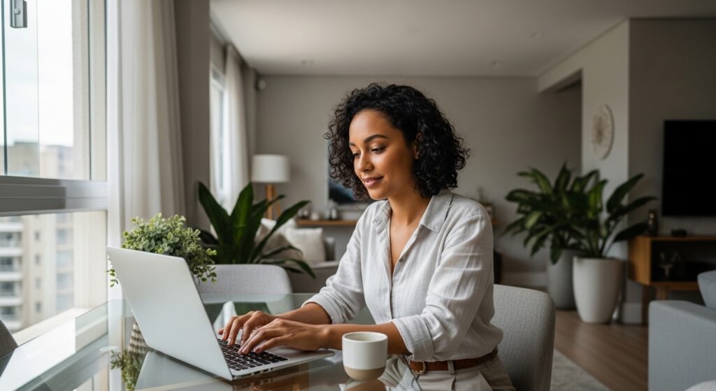 Mulher jovem trabalhando em notebook na mesa de vidro de um Airbnb. Ambiente aconchegante com luz natural, plantas decorativas e decoração minimalista, ideal para nomadismo digital.