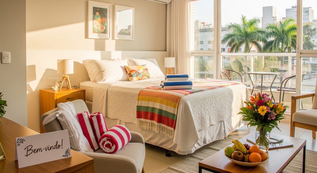Quarto de casal amplo e ensolarado com cama king size, enxoval branco e detalhes coloridos. Mesa com frutas e flores, placa de boas-vindas "Bem-vindo" e vista urbana pela janela.