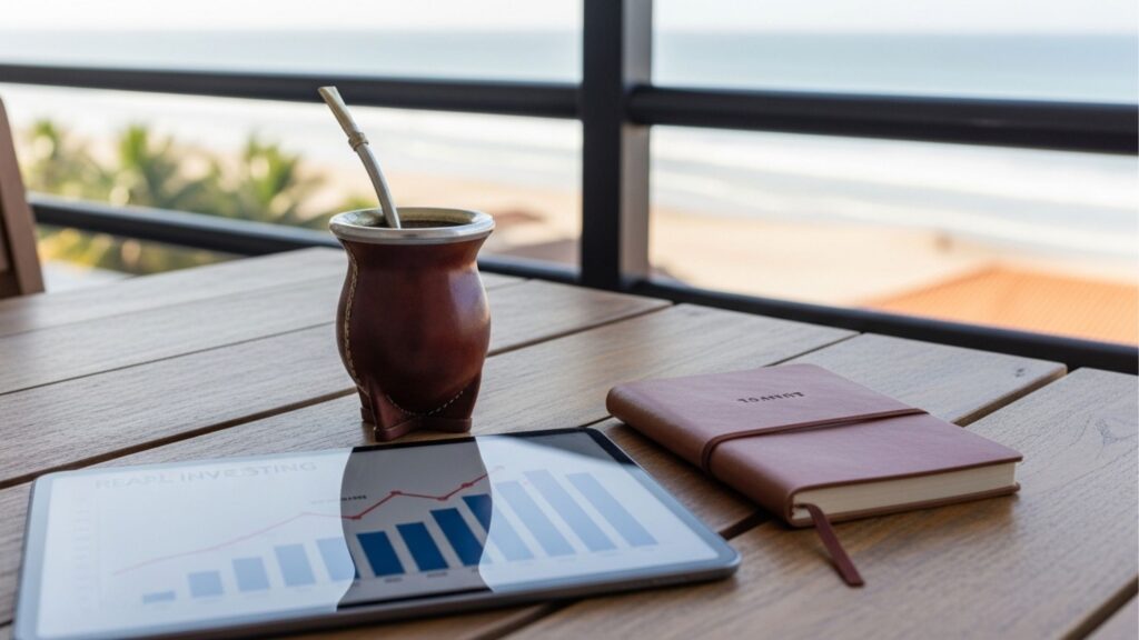 Mesa de madeira em varanda com vista para o mar, exibindo um tablet com gráficos de investimento, um caderno de couro e um mate (chimarrão) tradicional.