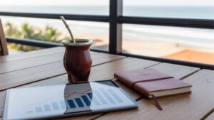 Mesa de madeira em varanda com vista para o mar, exibindo um tablet com gráficos de investimento, um caderno de couro e um mate (chimarrão) tradicional.