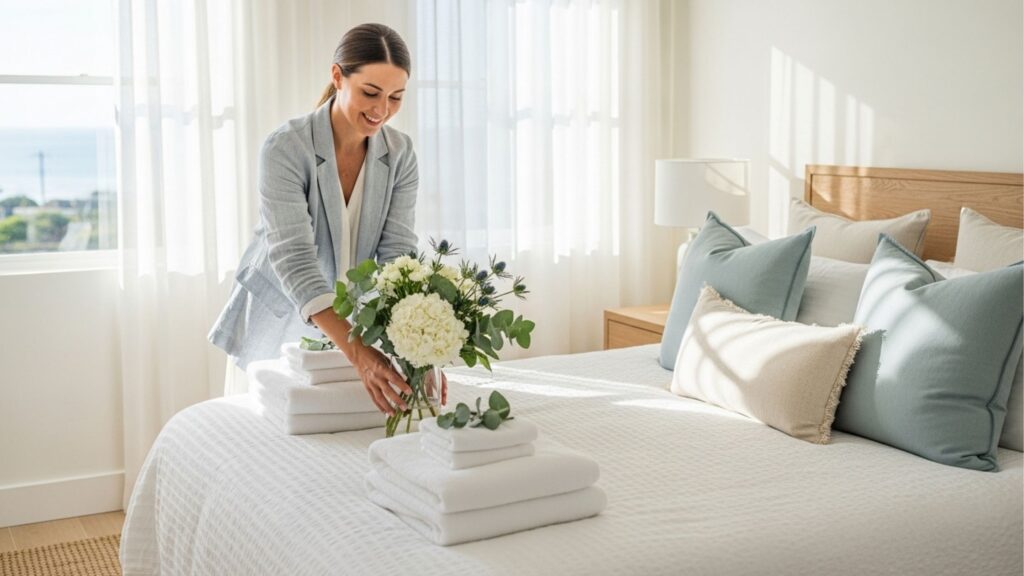 Mulher sorridente arrumando quarto de hóspedes com toalhas brancas impecáveis e um vaso de flores frescas sobre a cama iluminada pelo sol.