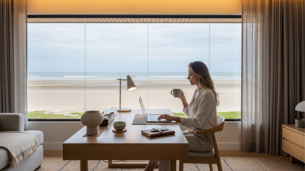 Mulher trabalhando em notebook em uma mesa de madeira frente a uma grande janela panorâmica com vista para a praia e o oceano.