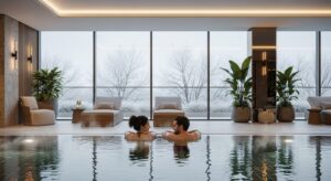 Casal relaxando em piscina coberta e aquecida com vista para paisagem de inverno através de grandes janelas de vidro.