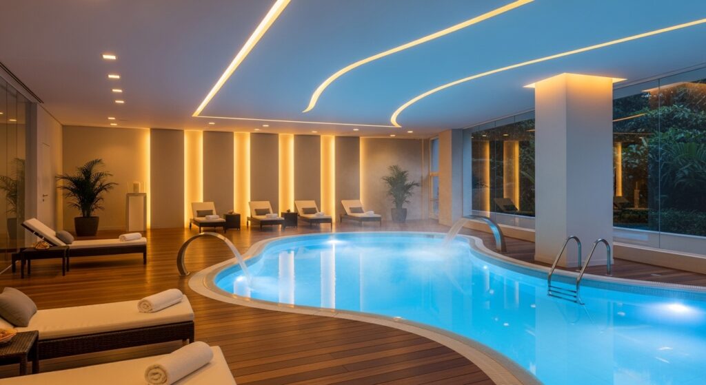 Piscina interna iluminada com design orgânico, cascata e espreguiçadeiras em deck de madeira em área de spa residencial.