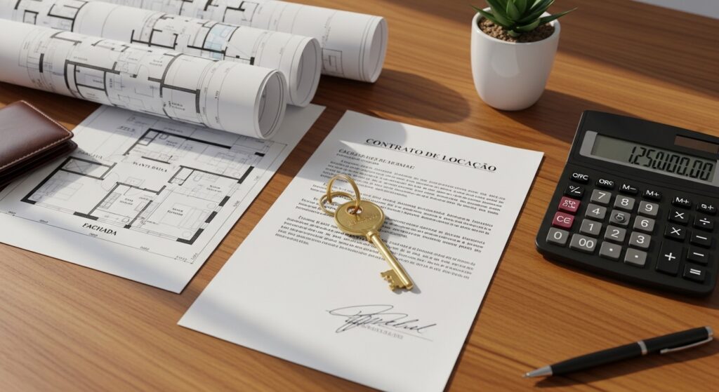Contrato de locação imobiliária sobre mesa de madeira com chaves douradas, plantas de projeto arquitetônico e calculadora.