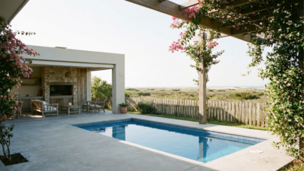 Área de lazer externa de uma casa de praia moderna. Em primeiro plano, uma piscina retangular com deck de cimento. À esquerda, há um espaço gourmet coberto com churrasqueira, parede de pedras rústicas e móveis de madeira confortáveis. À direita, colunas de madeira de um pergolado são enfeitadas por flores rosas (primaveras). Ao fundo, além de uma cerca de madeira baixa, vê-se a vegetação nativa da restinga e o mar no horizonte sob um céu limpo.