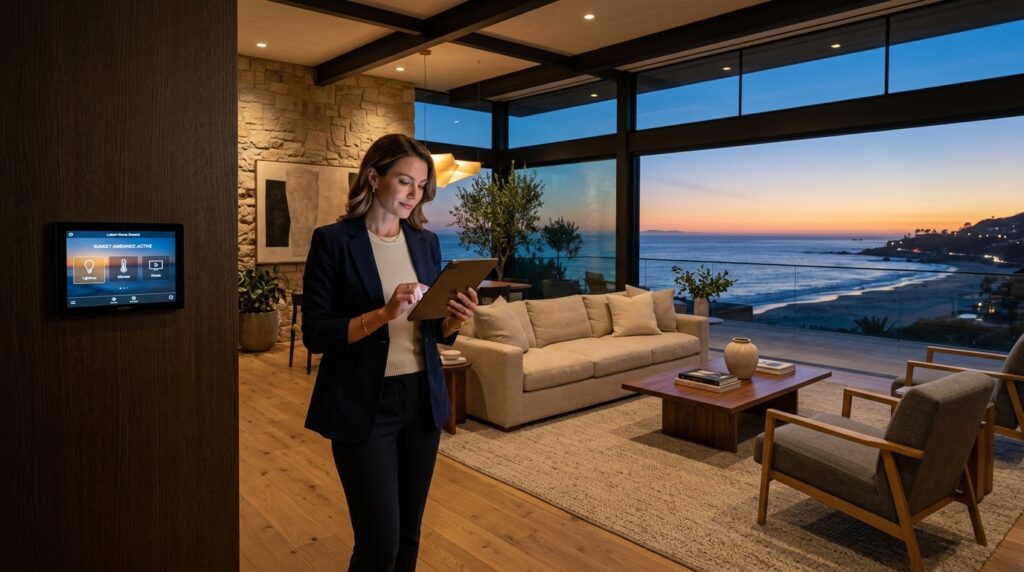 Uma mulher vestindo um blazer escuro está em pé em uma sala de estar luxuosa, mexendo em um tablet. Na parede de madeira à sua esquerda, há um painel digital de automação residencial exibindo opções para controlar luzes, clima e persianas. Ao fundo, grandes janelas de vidro do chão ao teto oferecem uma vista deslumbrante do oceano e de uma praia durante o pôr do sol. A sala possui decoração moderna com sofás claros e móveis de madeira.