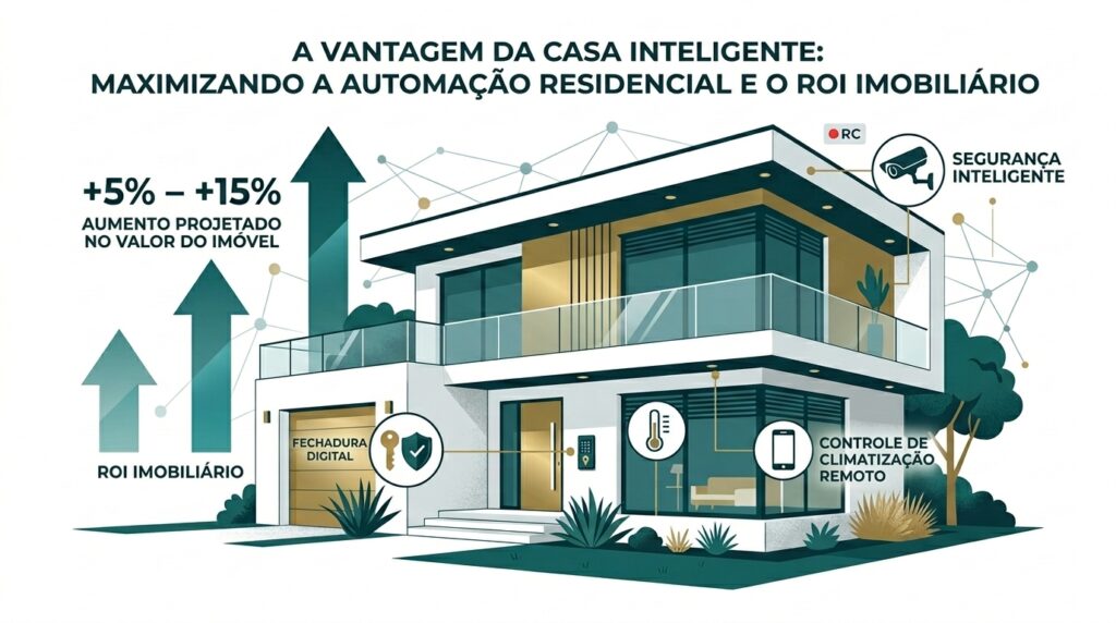 Infográfico ilustrado com o título "A Vantagem da Casa Inteligente: Maximizando a Automação Residencial e o ROI Imobiliário". No centro, há o desenho de uma casa moderna de dois andares. Ícones e linhas destacam três recursos da casa: "Fechadura Digital" na porta de entrada, "Controle de Climatização Remoto" em uma janela e "Segurança Inteligente" com uma câmera no telhado. À esquerda da casa, grandes setas verdes apontam para cima, acompanhadas do texto "ROI Imobiliário" e "+5% – +15% aumento projetado no valor do imóvel".