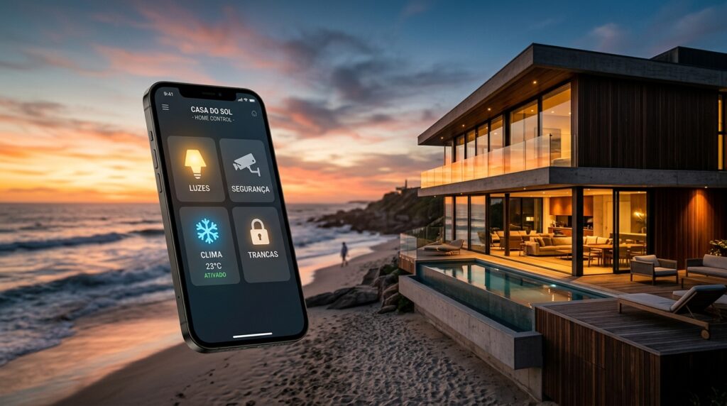 Um smartphone flutuando em destaque no primeiro plano exibe o aplicativo "Casa do Sol - Home Control", mostrando botões ativados para "Luzes", "Segurança", "Clima 23°C" e "Trancas". Ao fundo, compondo a paisagem, há uma luxuosa casa de praia de arquitetura moderna, com grandes fachadas de vidro, iluminação interna quente, deck de madeira e uma piscina. A casa fica localizada diretamente na areia, de frente para as ondas do mar, sob o céu alaranjado e roxo de um pôr do sol vibrante.