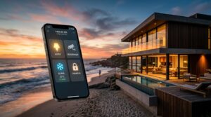 Um smartphone flutuando em destaque no primeiro plano exibe o aplicativo "Casa do Sol - Home Control", mostrando botões ativados para "Luzes", "Segurança", "Clima 23°C" e "Trancas". Ao fundo, compondo a paisagem, há uma luxuosa casa de praia de arquitetura moderna, com grandes fachadas de vidro, iluminação interna quente, deck de madeira e uma piscina. A casa fica localizada diretamente na areia, de frente para as ondas do mar, sob o céu alaranjado e roxo de um pôr do sol vibrante.