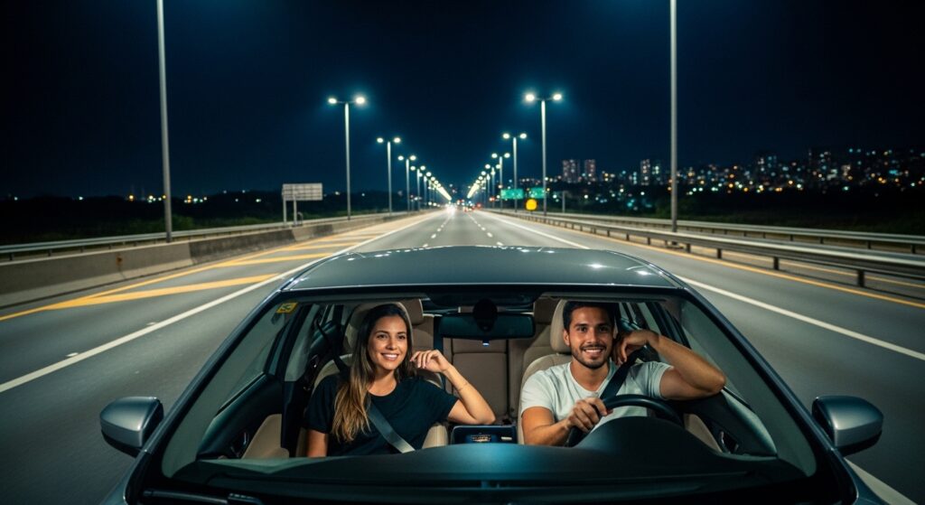 Casal jovem sorridente viajando de carro à noite em uma rodovia iluminada por postes e luzes da cidade ao fundo.
