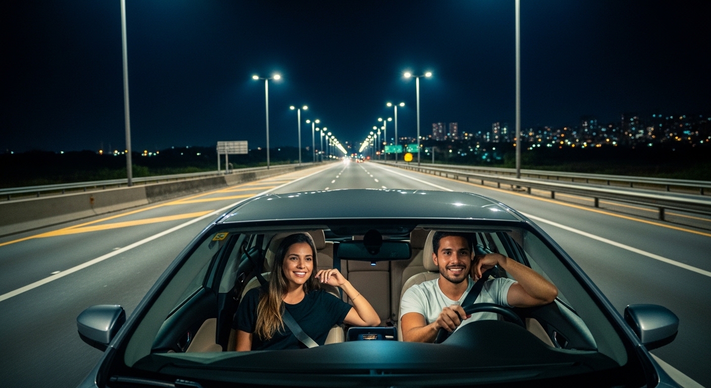 Casal jovem sorridente viajando de carro à noite em uma rodovia iluminada por postes e luzes da cidade ao fundo.