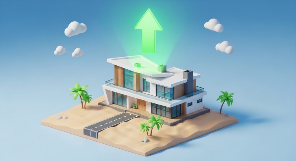 Maquete 3D de casa moderna em terreno de areia com palmeiras e uma seta verde brilhante apontando para cima, simbolizando valorização imobiliária.
