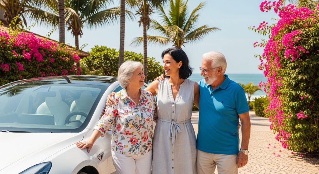 Mulher adulta abraçada com casal de idosos ao lado de um carro branco em cenário tropical com palmeiras e flores rosa vibrantes.