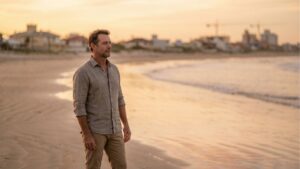 Homem de meia-idade, vestindo camisa de linho cinza e calça bege, em pé na areia úmida da praia. Ele tem uma expressão serena e contemplativa enquanto olha para o mar à sua direita. A cena é iluminada por um pôr do sol em tons pastéis. Ao fundo, levemente desfocadas, aparecem casas e construções típicas de uma cidade litorânea.