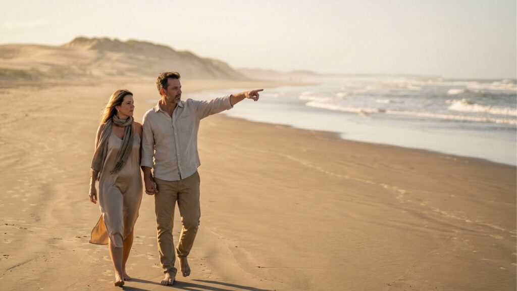 Um casal caminha descalço e de mãos dadas pela areia úmida de uma praia extensa. Eles vestem roupas leves em tons claros. O homem levanta o braço livre e aponta para algo no horizonte, em direção ao mar, e a mulher acompanha o seu olhar. Ao fundo, destacam-se grandes dunas de areia banhadas pela luz dourada do sol.