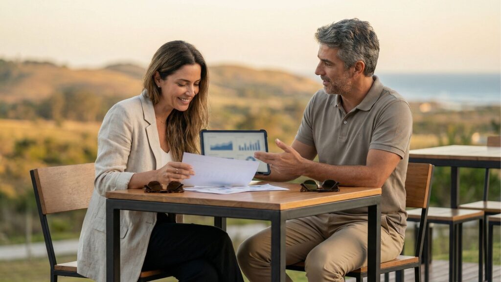 Um homem e uma mulher sorridentes sentados a uma mesa de madeira ao ar livre. A mulher segura alguns documentos impressos, enquanto o homem gesticula apontando para a tela de um tablet apoiado na mesa, que exibe gráficos financeiros. Ao fundo, uma paisagem tranquila com morros verdes e o mar, iluminados pela luz suave do final da tarde.